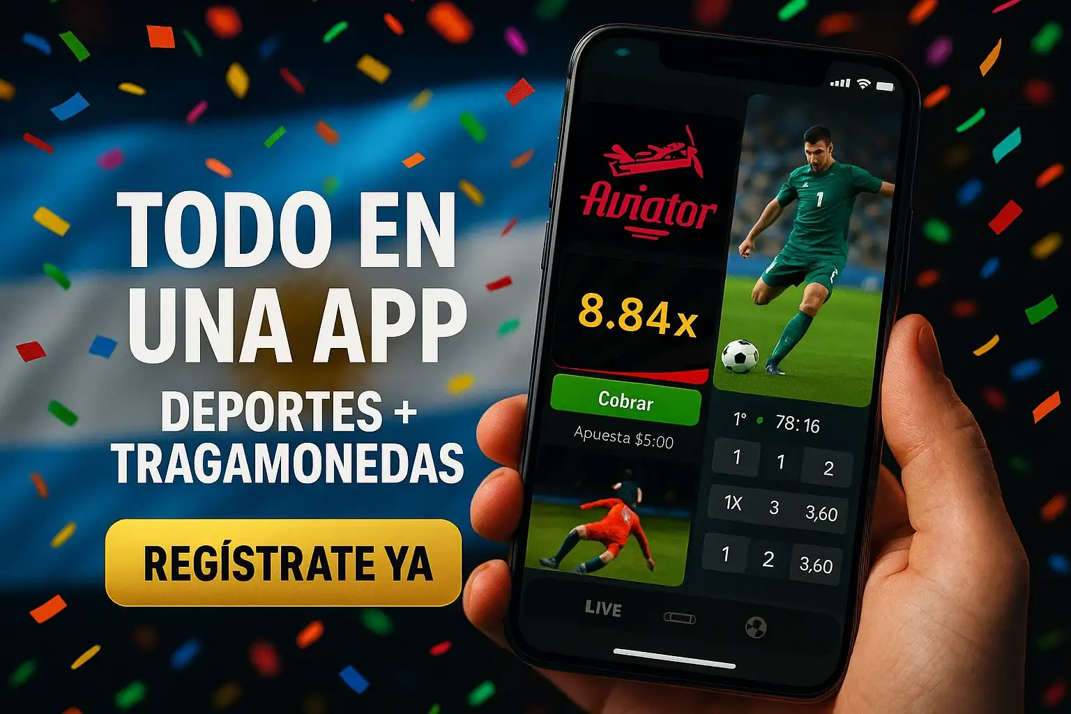 Banner publicitario en español con Aviator y apuesta de fútbol, CTA Registrate Ya