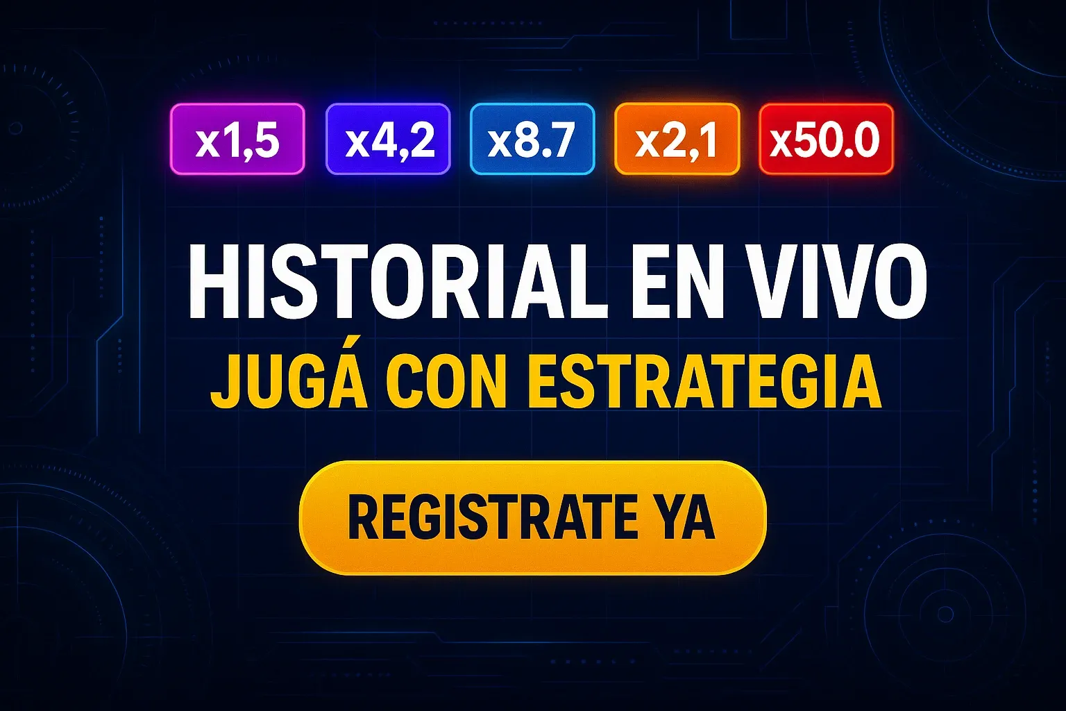 Banner premium de casino con historial en vivo y botón Registrate Ya