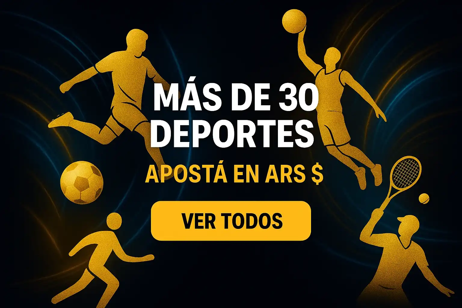 Banner de apuestas deportivas con fútbol, básquet y tenis en dorado y celeste