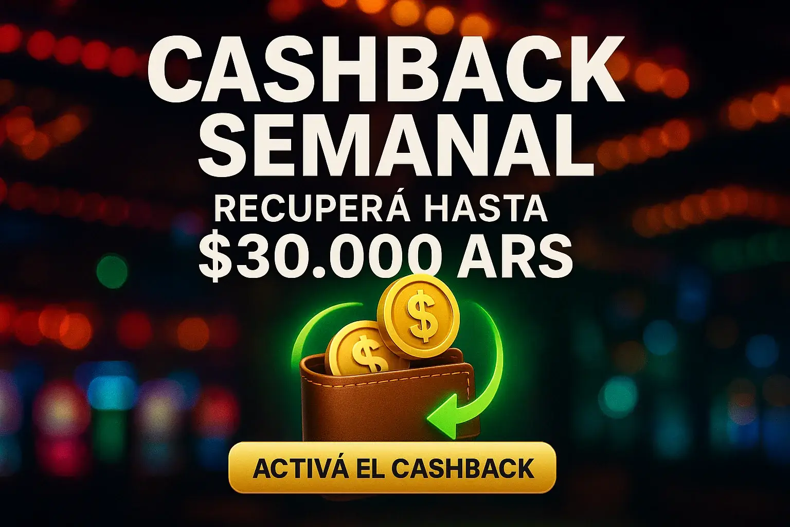 Banner de casino con cashback semanal, monedas y botón dorado CTA
